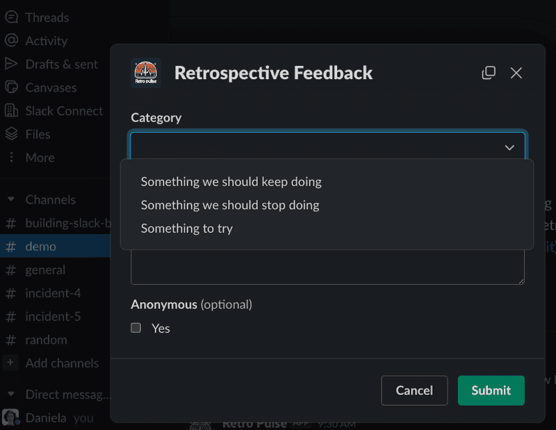 slack app demo feedback modal