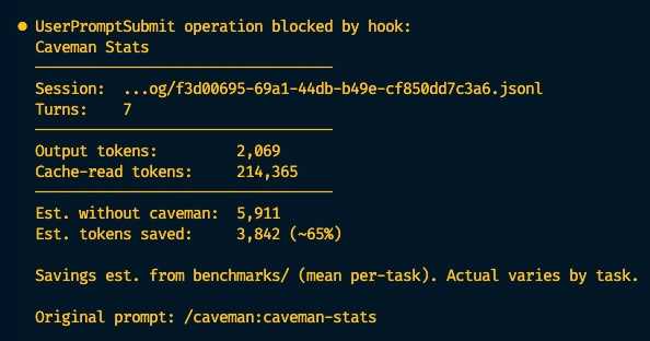 caveman-stats output showing estimated token savings