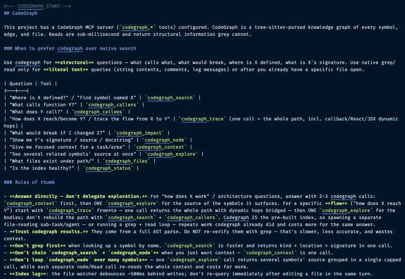 CodeGraph's section added to CLAUDE.md
