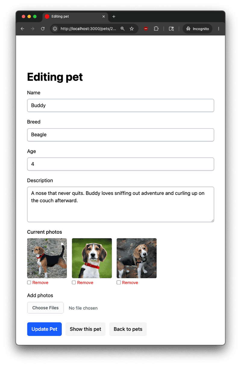 edit view showing current photos with remove checkboxes and add photos input