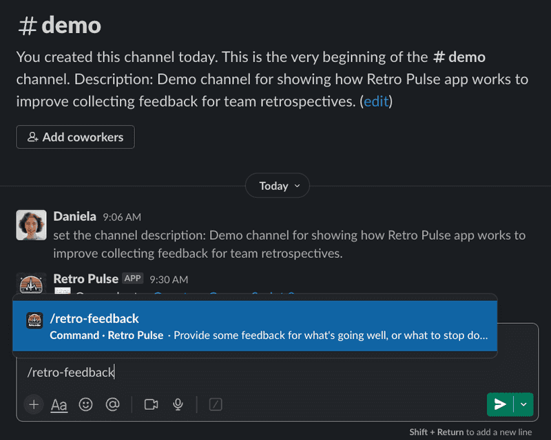 slack app demo retro feedback slash hint