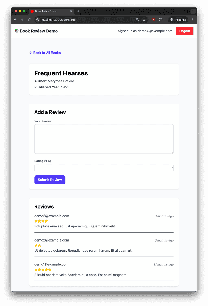 cucumber book review demo app book details and new review form