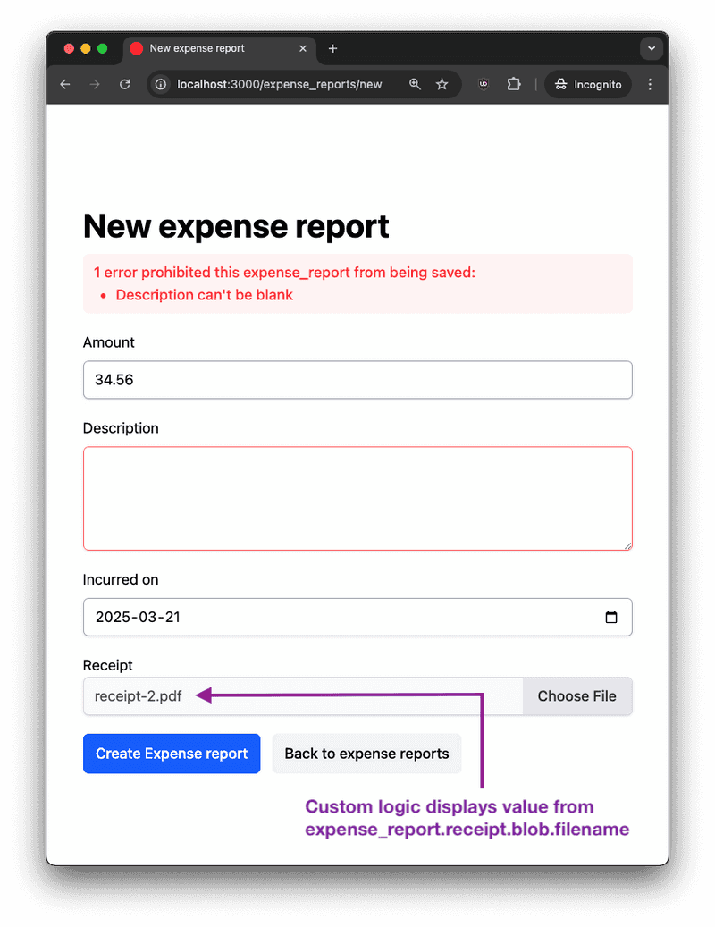 active storage new expense report validation error and remembers filename