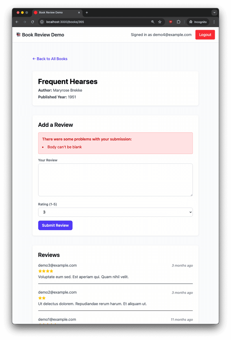 cucumber book review demo app new review validation error