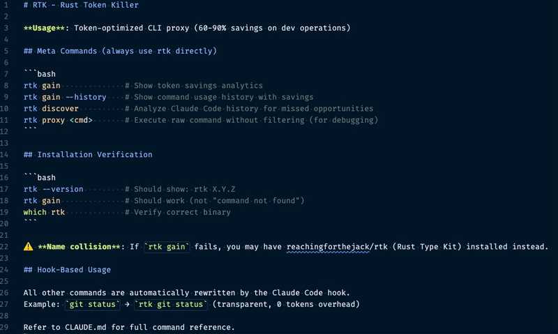 RTK.md instructions file installed by rtk