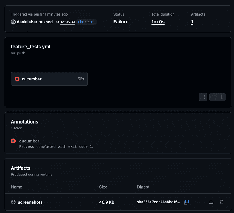 cucumber github workflow runner failure